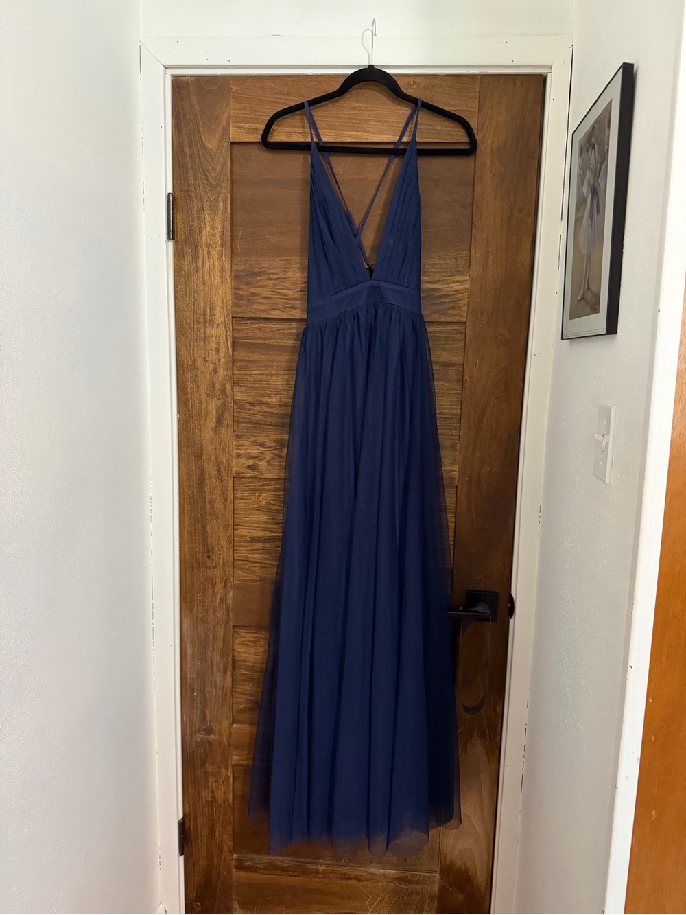 Luxxel Deep Blue V‑Neck Tulle Maxi Dress